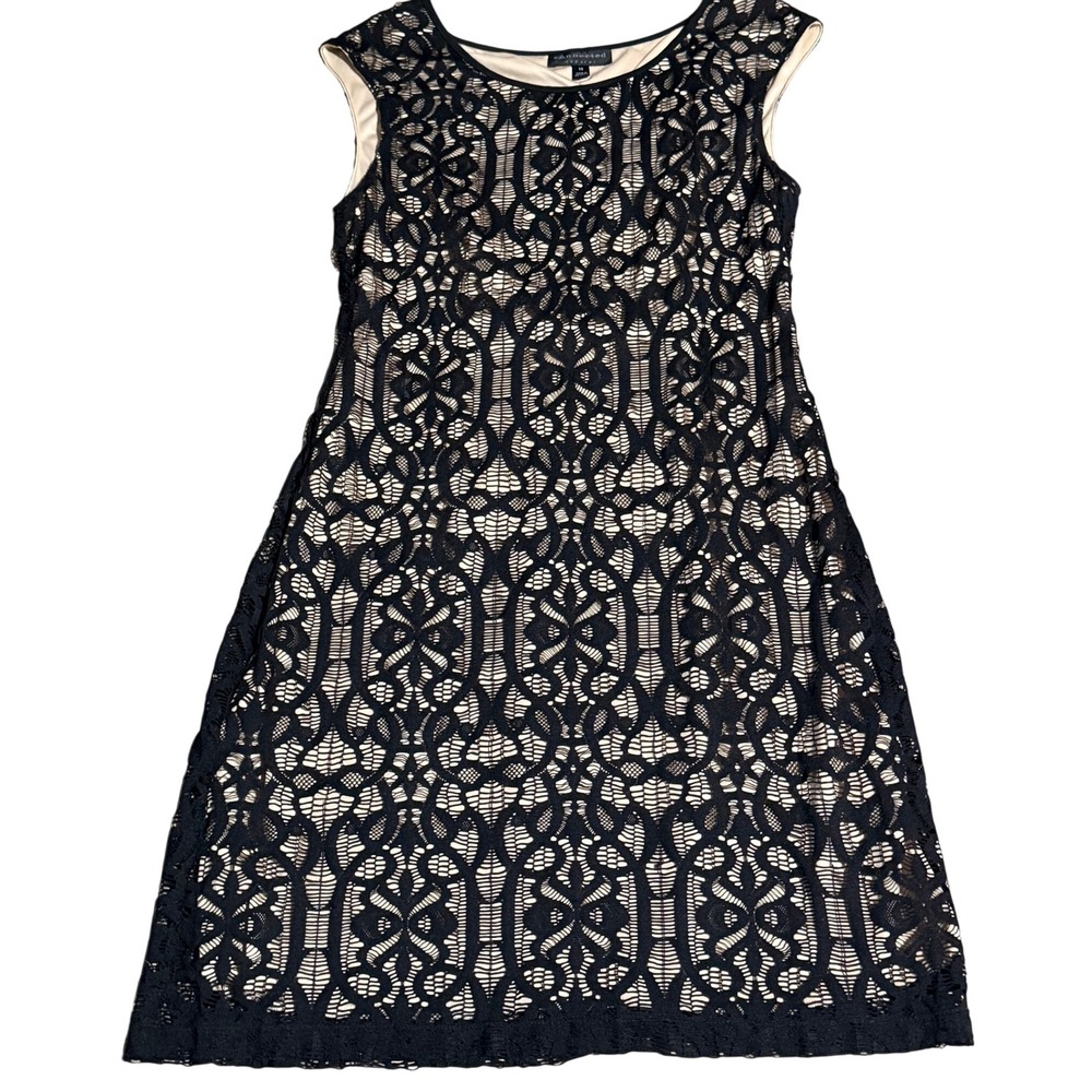 Connected Apparel Womens Black Lace Overlay Nude Lining Sheath Dress Size 14